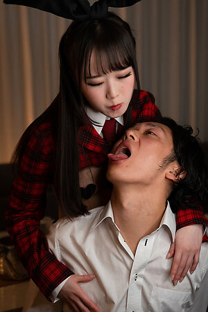 Japanese girl Ria Kurumi has fun with a double-sided dildo and licks her boyfriend's anus