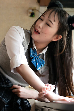 Japanese girl Ria Kurumi in school skirt and cat ears let her boyfriend enjoy her pussy
