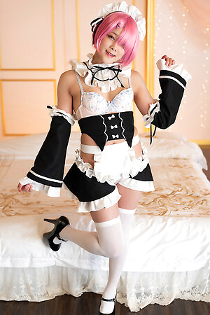 Japanese maid Aya Komatsu with pink hair sucks cock and facial