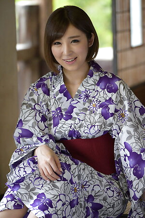 Cute Runa Hagawa opens her kimono and shows her small tits
