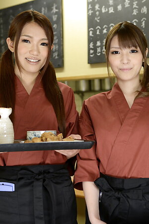 Kyoka Makimura and Sakura Aoi wait for their customers bare breasts