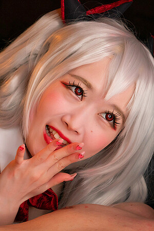 Japanese cosplayer Ria Kurumi in black stockings does handjob
